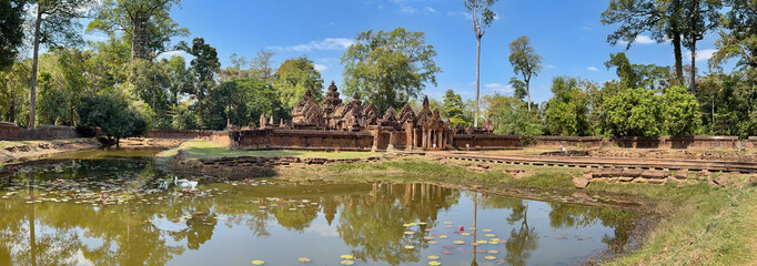 Panorama view of the Banteay Srei temple built in the late 10th century in the Angkor area of Cambodia 