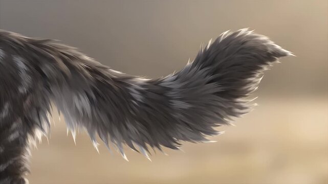 Close-up of a fluffy, grey and white animal tail with distinct markings, suggesting a wild creature in a natural setting