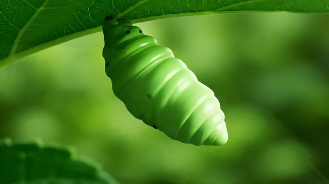 Green caterpillar hanging from a leaf, macro shot of a chrysalis in its natural habitat, representing transformation and growth