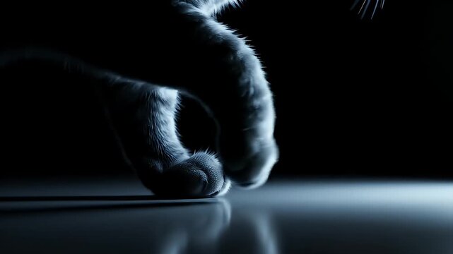 Mysterious elegance A domestic cat's soft paw delicately steps onto a luminous surface, bathed in dramatic low-key light, enhancing its stealthy and graceful movement