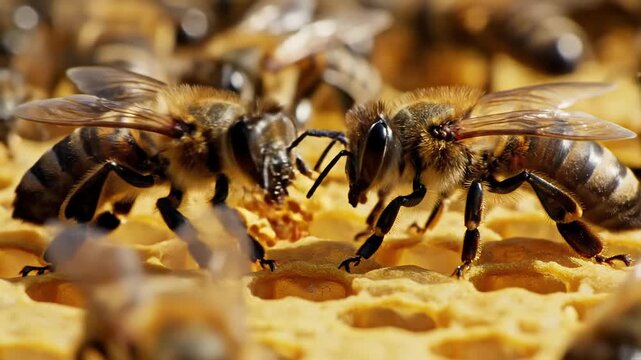 Close-up of honeybees interacting on a honeycomb, busy hive life