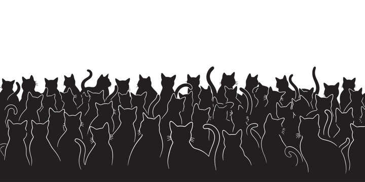 A large group of black cat silhouettes gathered together, creating a dense pattern.