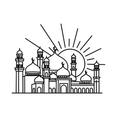 Fototapeta premium Illustration of a historic mosque with domes and minarets under a bright sun black and white sketch style detailed architecture