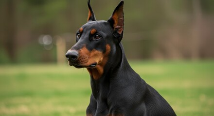 Portrait of a watchful Doberman Pinscher against a blurred green background outdoor
