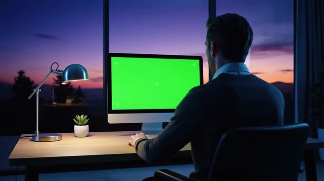 Pria bekerja depan komputer layar hijau saat malam hari melambangkan produktivitas lembur dan mockup antarmuka digital yang sinematik