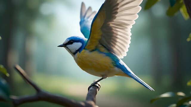 Vibrant blue tit perched on a branch, wings outstretched, in soft natural light with bokeh background