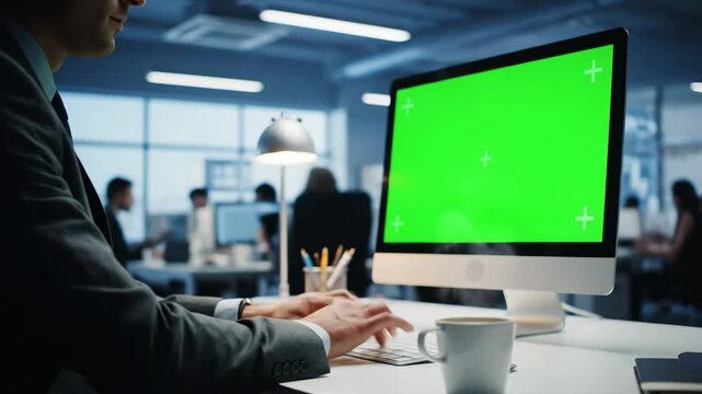 Pengusaha mengetik di komputer layar hijau di ruang kantor melambangkan mockup antarmuka digital dan produktivitas kerja profesional