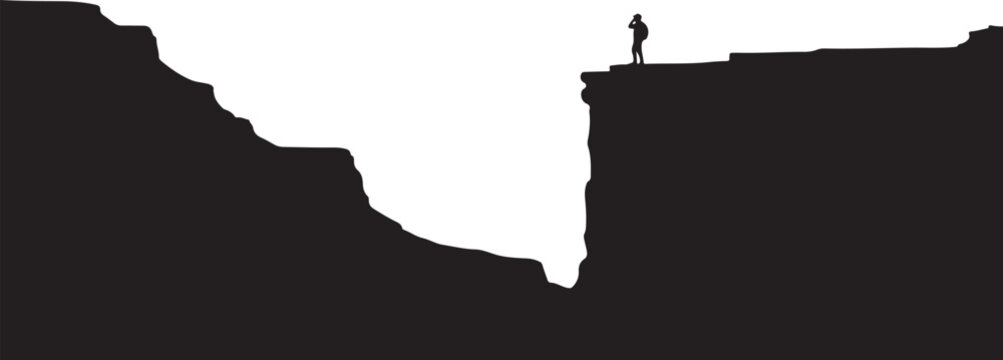 Minimalist silhouette of person standing on cliff edge isolated on white background