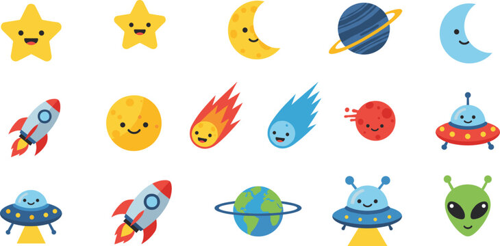 Cute space and astronomy icons set featuring stars, moon phases, planets, rockets, comets, UFOs, Earth, and friendly alien characters