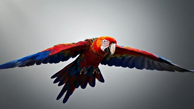 Vibrant red blue and yellow macaw flying in the air with spread wings