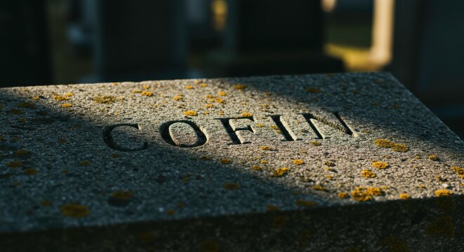 Aged gravestone inscription of the word 'COFIN' in a solemn and reflective cemetery setting
