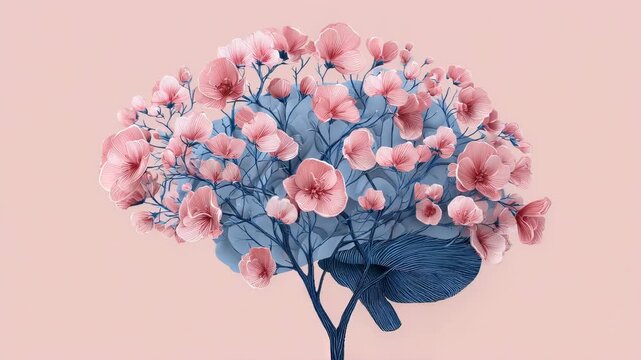 Human brain shaped tree with flower bloom, self care and mental health concept, creative mind nature illustration