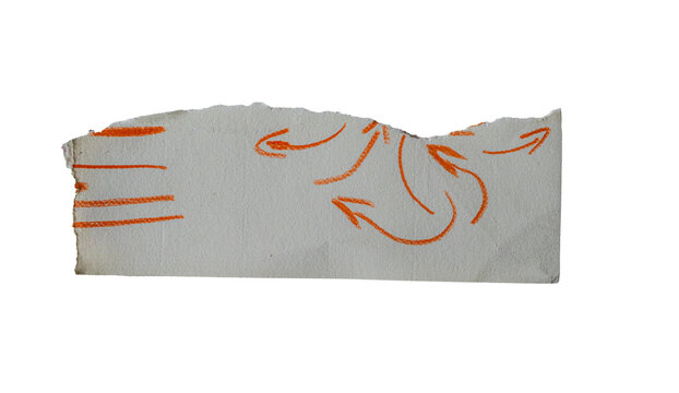 Fragmento de papel rasgado con flechas curvas naranjas dibujadas a mano sobre fondo negro