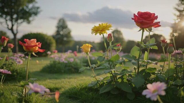 Garden Roses Blooming in Sunlight with Butterflies and Yellow Flowers in Park Setting