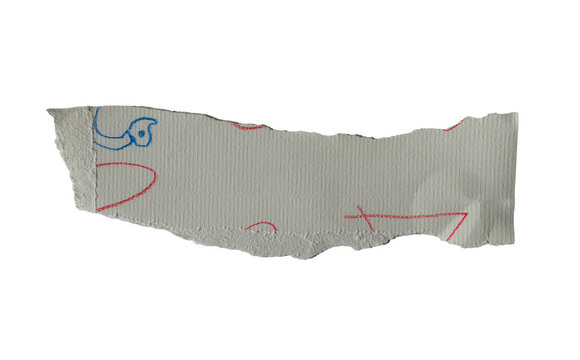 Fragmento de papel rasgado con textura y dibujos abstractos aislado sobre fondo negro