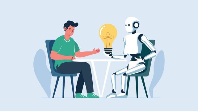 A young man discusses with an AI robot, presenting it with a glowing light bulb. Represents collaborative innovation, AI-assisted creativity, and idea generation.