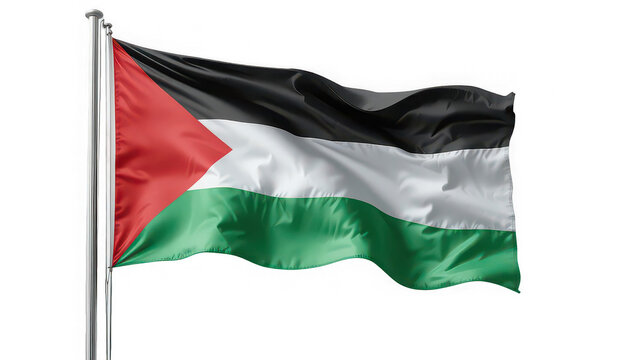Palestinian flag waving on silver pole red triangle black white green horizontal stripes symbol of national pride and identity