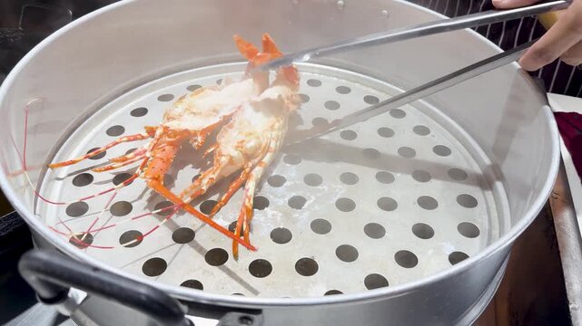 Chef Using Tongs to Remove Steamed Lobster from Metal Steamer Pot