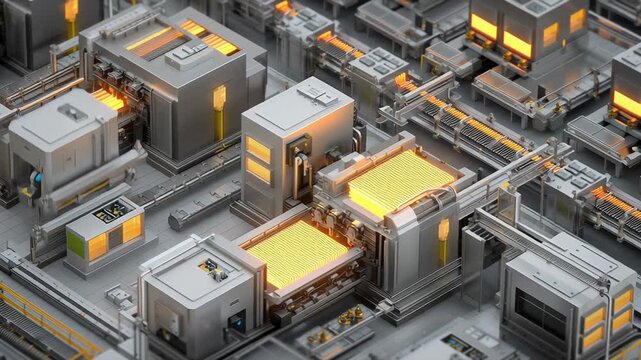 Industrial rare earth processing for energy storage applications, clean automated facilities with glowing mineral components, precision machinery and advanced engineering, realistic industrial texture