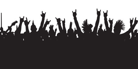 Naklejka premium Silhouette of a crowd with hands raised in the air, showing rock and roll hand gestures at a concert or festival.