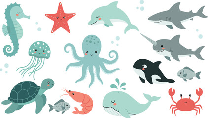 Kawaii marine life vector illustration set with cute octopus whale narwhal and sea turtle for children's nursery decor and ocean-themed stickers