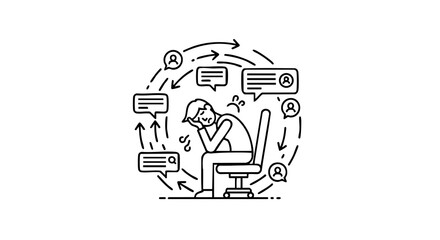 Obraz premium Overwhelmed office worker surrounded by chaotic notifications and messages in a stressful work environment