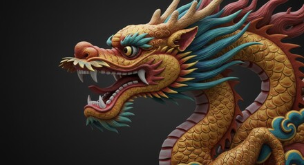 Obraz premium Detailed ornate golden chinese dragon on dark background studio shot render