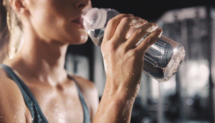 Woman drinks water at gym, fitness, hydration, exercise, healthy lifestyle, workout, active, sport, wellness, bottle, nutrition, strength training, motivation, health.