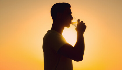 Silhouette man drinks glass liquid sunset photo. Suitable for beverage, health, wellness, relaxation, and lifestyle themed designs and projects.