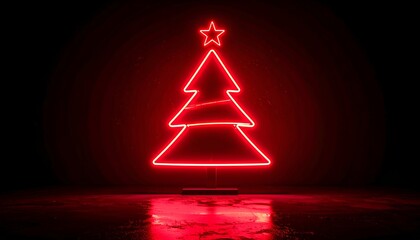 Bright red neon Christmas tree glows on dark, reflective surface
