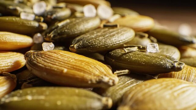 Close-up of roasted pumpkin seeds with salt crystals on a rustic wooden surface