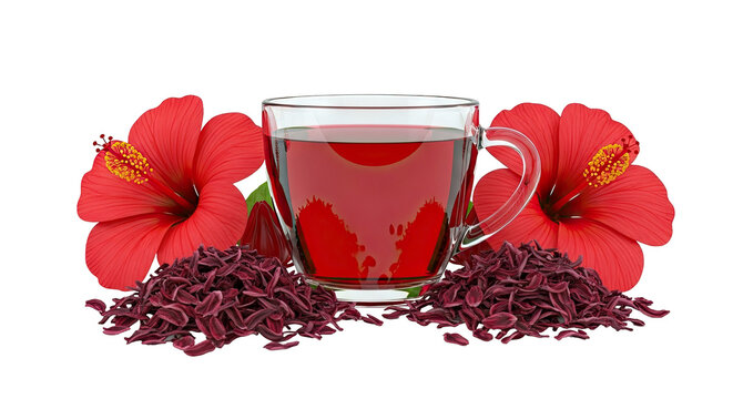 Hibiscus Tea in Glass Cup with Flowers and Dried Petals