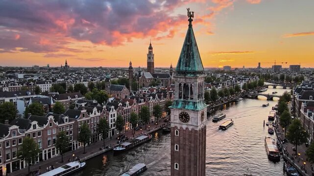 Aerial view of a historic European city with canals and a tall clock tower