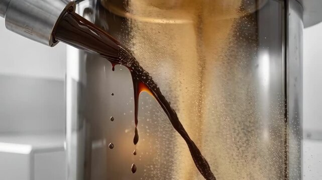 Medium shot of coffee flavor atomization process with rich brown liquid turning into delicate flowing powder in a modern encapsulation spray drying setup.