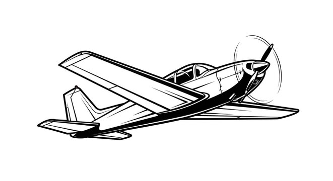 Dynamic black and white illustration of a light propeller airplane in flight. Modern aviation line art showing a small private plane from a side-view perspective.
