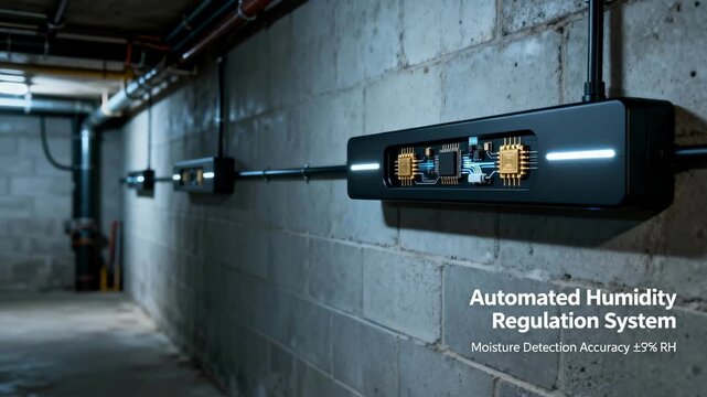 Medium shot of smart sensors mounted on basement walls highlighting advanced moisture detection technology for automated humidity regulation.