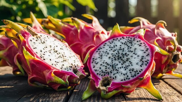 Vibrant pink dragon fruits cut open on a rustic wooden table outdoors in sunlight