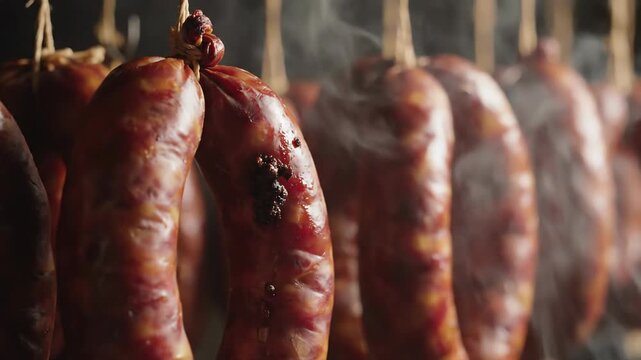 Close-up of Smoked Sausages Hanging and Steaming in a Row