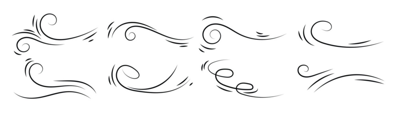 hand drawn doodle wind motion air blow swirl icon set 