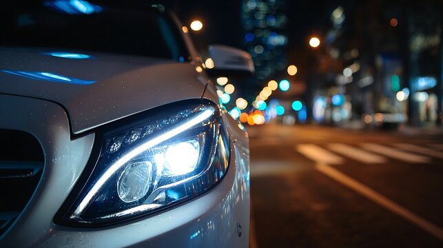 Elegant poto of Close Up of Modern Car Headlight at Night with Blurred City Lights Background