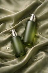 bottle of perfume on emerald silk background