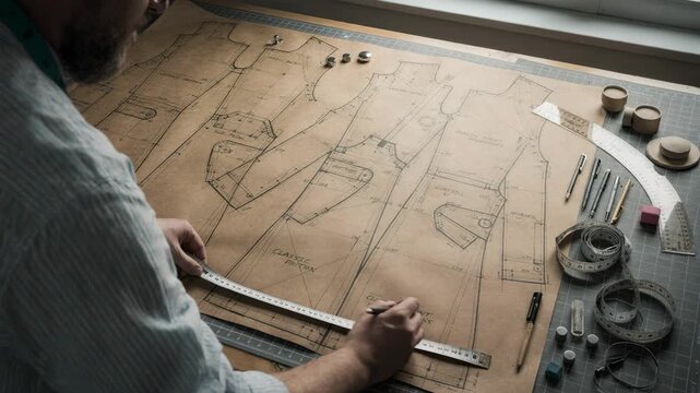 Paper patterns laid out on a spacious cutting table showcasing precise measurements and drafting tools for creating a classic trench coat design.