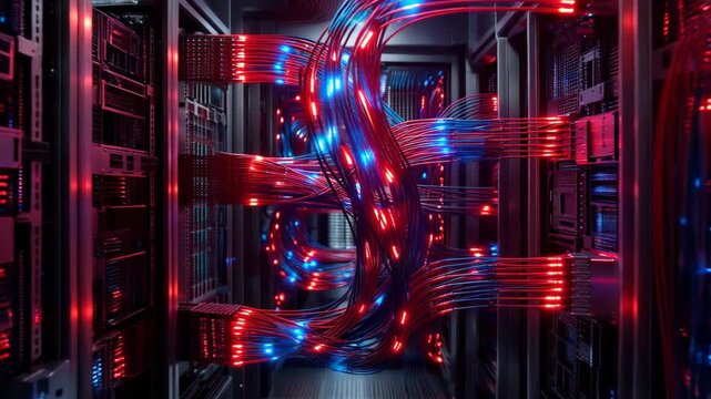 A background of a futuristic high-frequency trading server, glowing red and blue fiber optics pulsing at extreme speed.