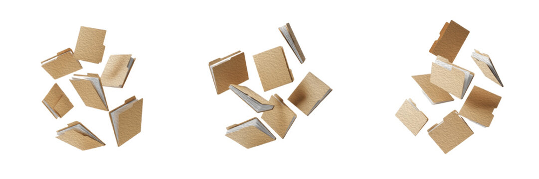 Set of falling brown kraft manila office folders with papers isolated on white background, concept of data chaos, filing system and document management.