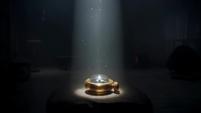 Cinematic shot of a beam of light cutting through a dark foggy room, hitting a golden compass, representing "Strategic Direction".
