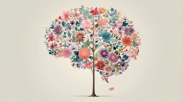 Human brain shaped tree with flower bloom, self care and mental health concept, positive thinking and creative mind nature illustration
