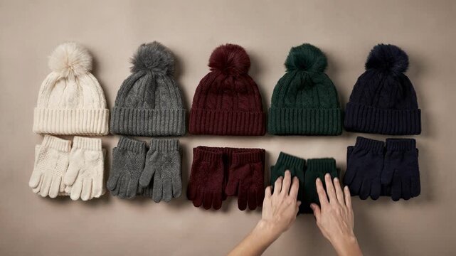 Medium shot of cozy winter knit hats gloves and scarves being carefully arranged into coordinated sets for seasonal multipack packaging.