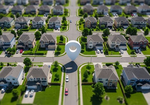 Aerial view of a suburban neighborhood with rows of houses and a central street