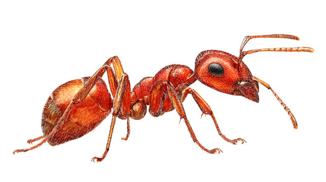 Single red ant close up, detailed texture, isolated on a white background