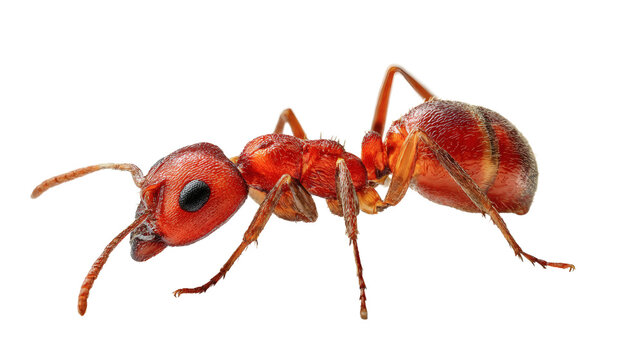 Single red ant close up, detailed texture, isolated on a white background